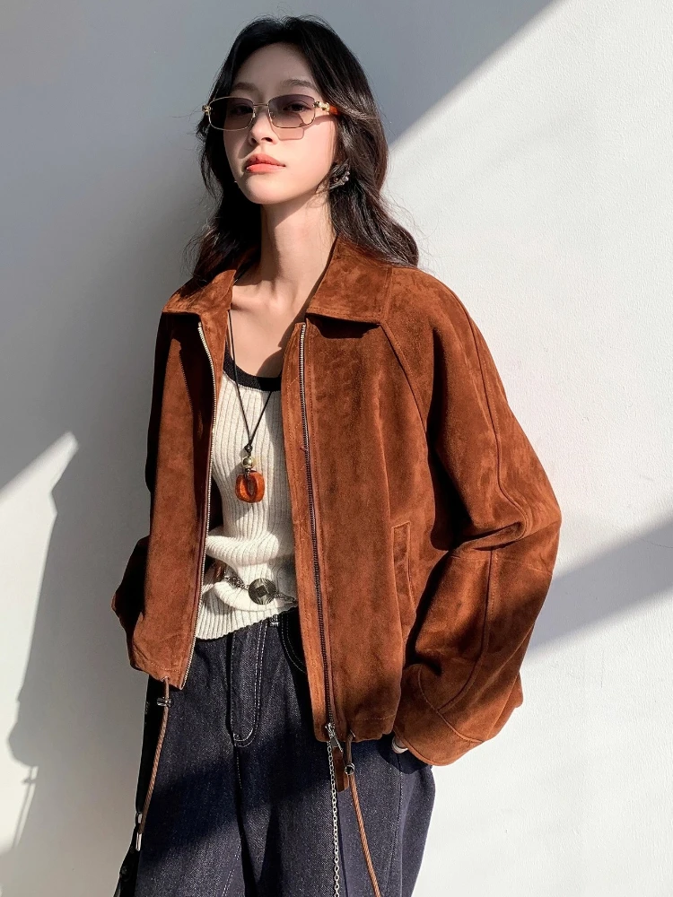 Giacche vintage in vera pelle scamosciata corta per donna Autunno Inverno 2025 Cappotto in vera pelle di capra casual allentato semplice di fascia alta