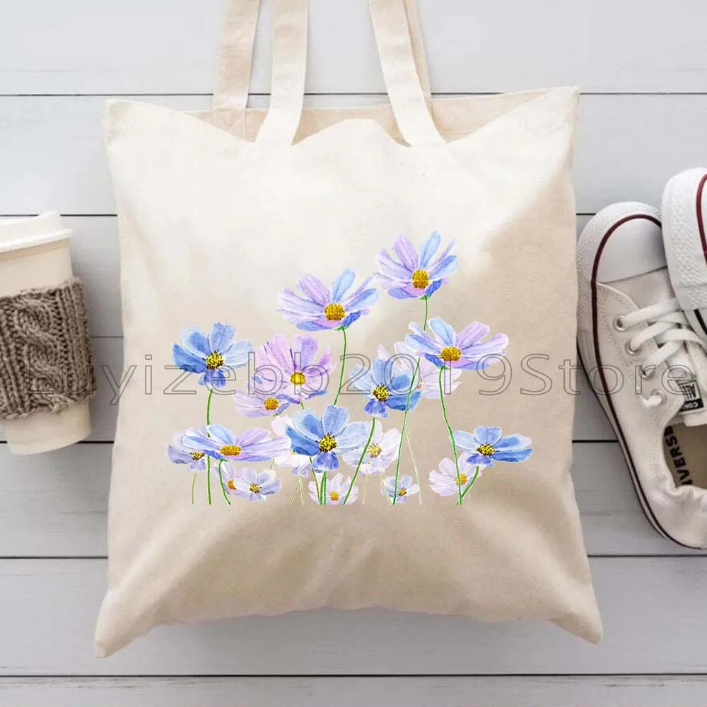Bird of Paradise Flowers Yellow Cosmos Lily Peach Coneflower African Violet Lavender Canvas Tote Bag Shopper Harajuku Handbags
