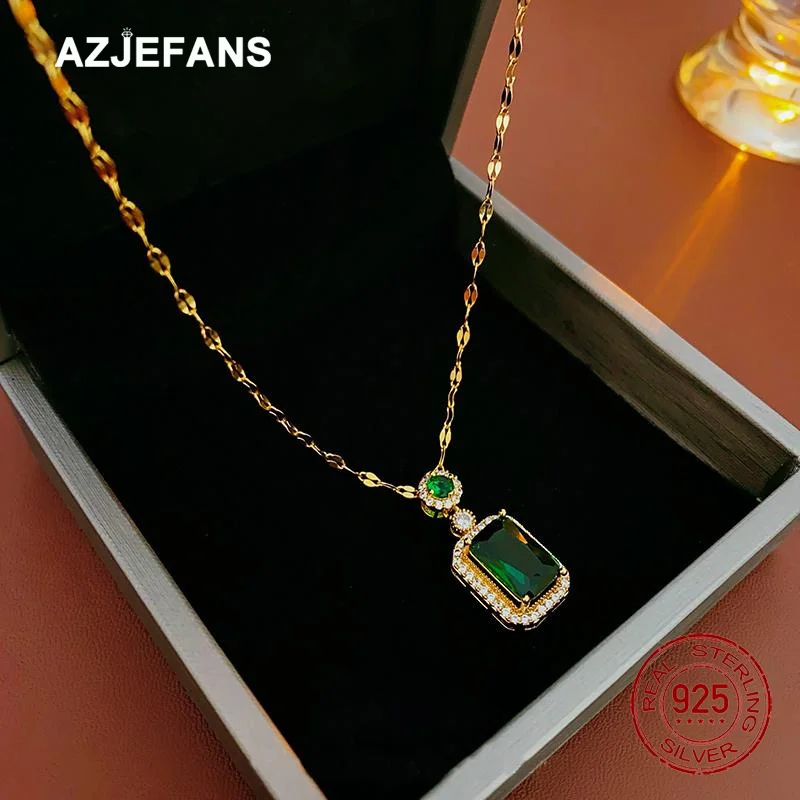 AZJEFANS 925 Sterling Silver 18K Gold Plated Emerald Zircon Pendant Necklace Gift For Girl Fine Jewelry