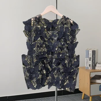 EWQ 여성용 O넥 민소매 입체 나비 셔츠, 스위트 후크 플라워 할로우 아웃 블라우스, 2024 여름 신상