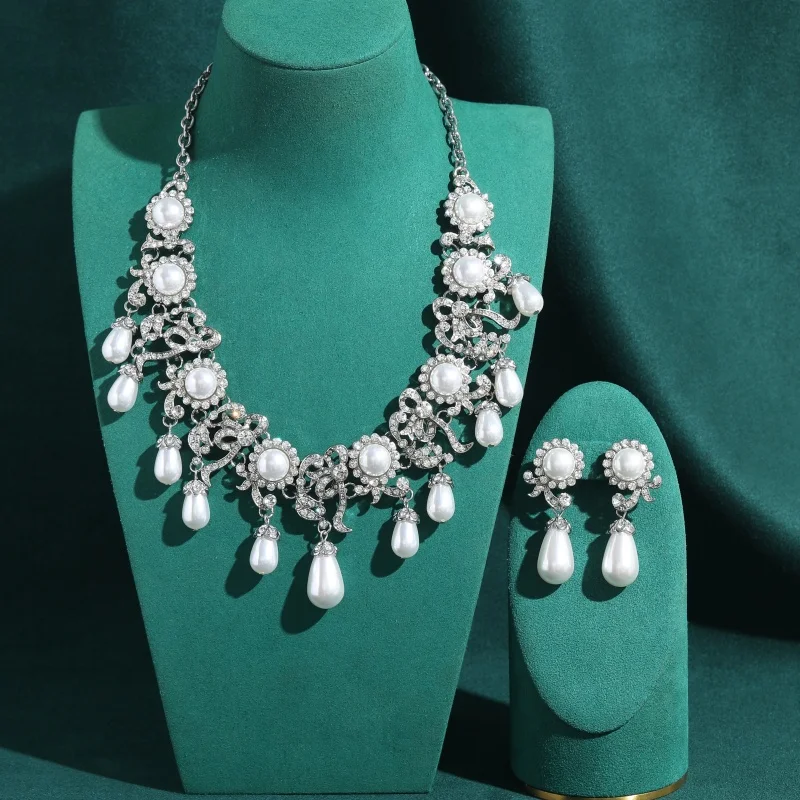 Vintage Pearl Water Drop Jewelry Sets Necklace Earrings Luxury Classic Elegant Silver Color Brand Trendy Gifts Trending 2026