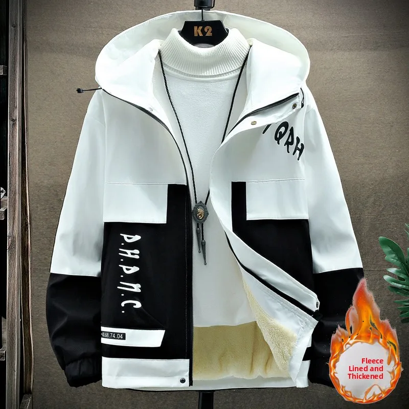 

Men's Winter Jaet Fce Lined Thiened Hooded Korean Sle Trendy Patchwork Jaet Youth ular Warm Outerwear Coat