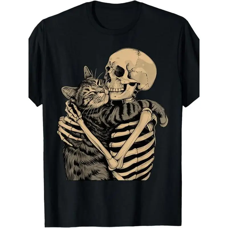 

Skeleton Hugging Cat T Shirt Women Men Gothic Dark Humor Pet Lover Print Oversized Casual Grunge Streetwear Funny Tee Top
