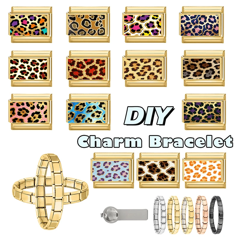 New Fashion Leopard Pattern Series Y2K Golden Italian Charm Links Fit 9MM Stainless Steel Bracelet DIY Making Jewelry