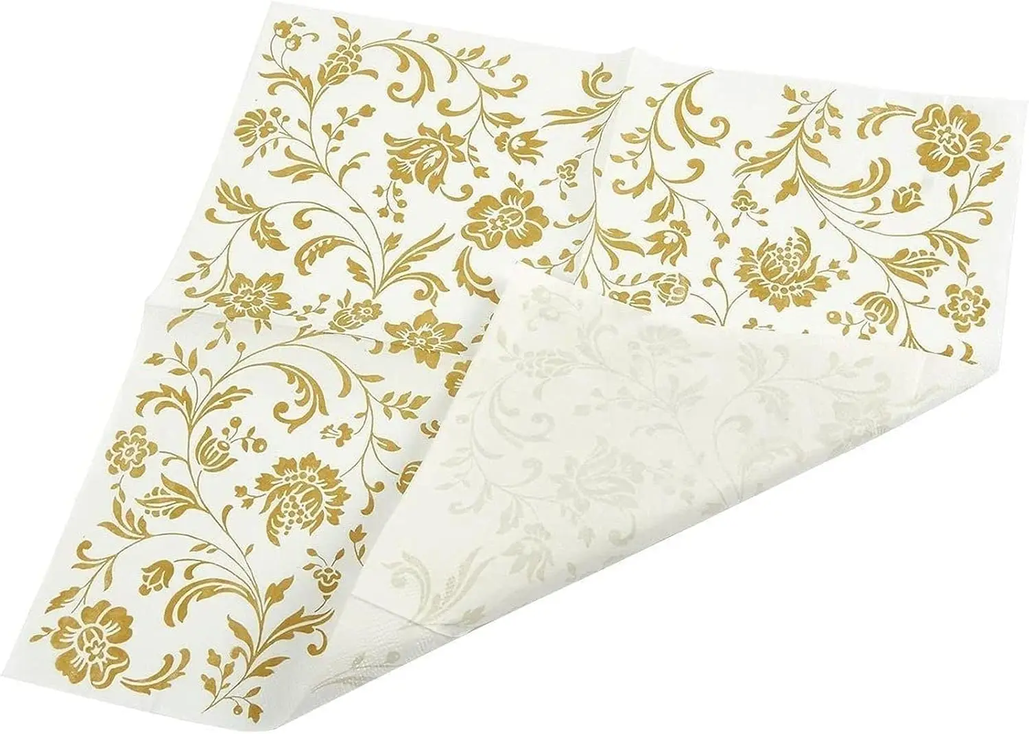 100 Pack White & Gold Disposable Floral Paper Napkins, 6.5x6.5 Inches, Decorative Napkins for Wedding Reception