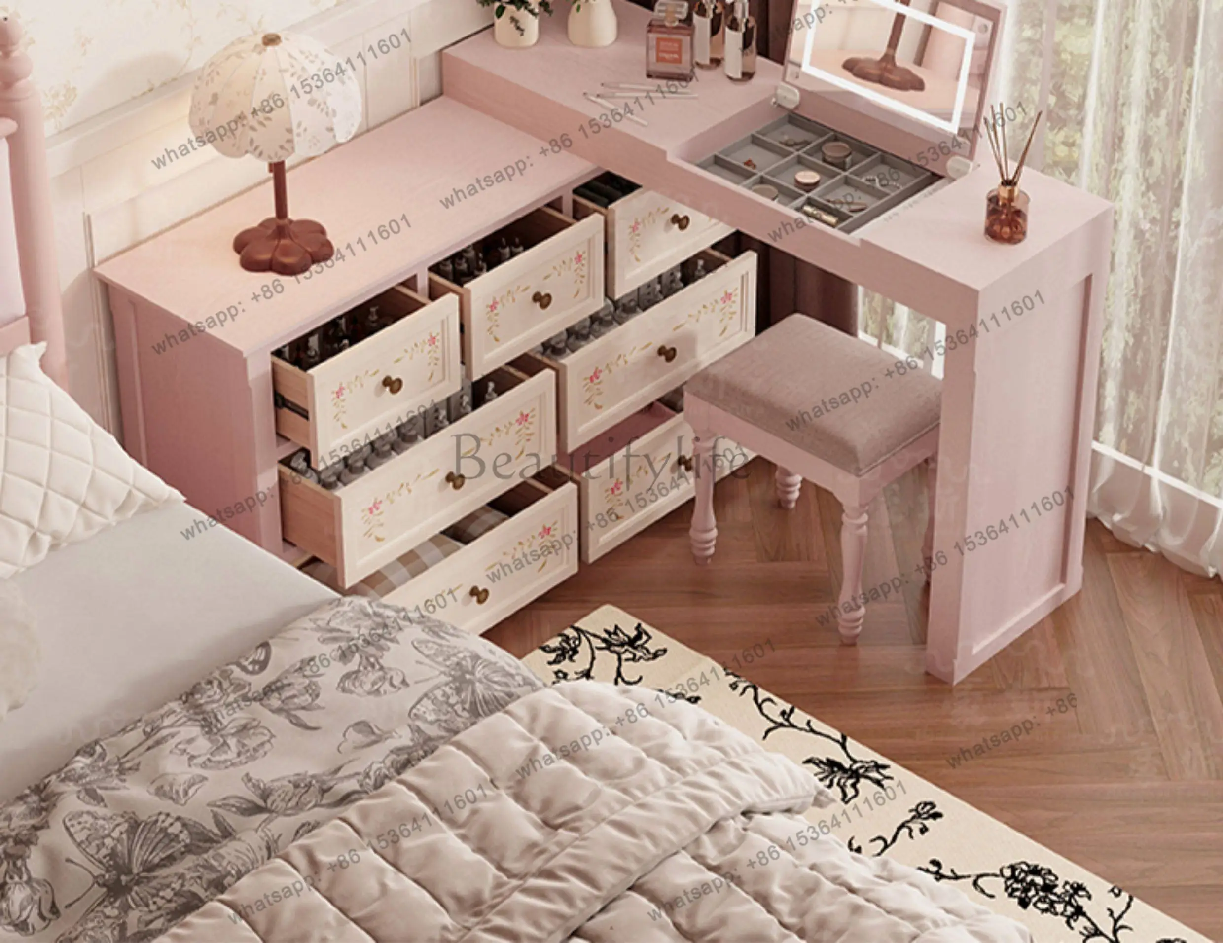 

Pink chest of drawers dressing table Hand painted storage solid wood 2-in-1 dresser