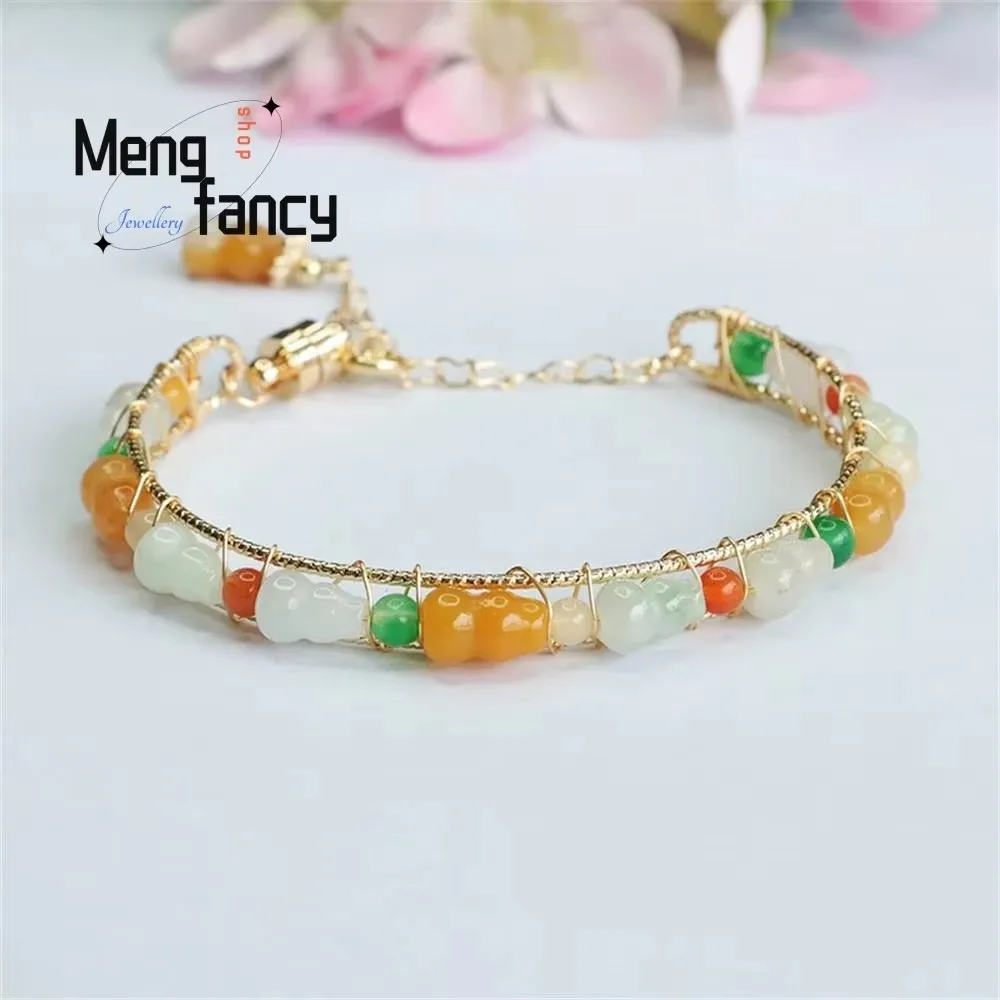 Natural Jadeite Fortune and Longevity Gourd Colourful String Bracelet Exquisite Elegant Simple High-grade Luxury Quality Jewelry
