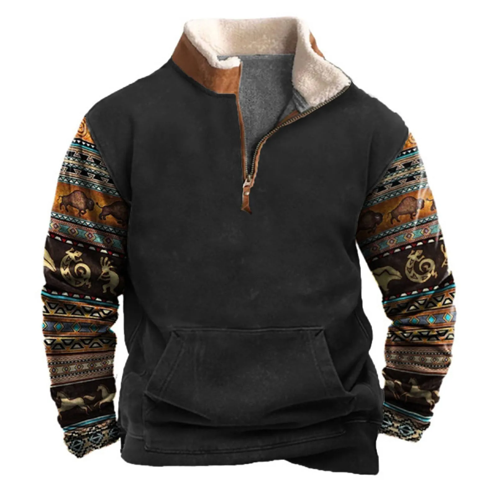 Outdoor Casual Sweaters Tops Mens Standing Collar Sweatshirt Sweatwear Woolen Mens Winter Outdoor Tops Sports Gym Fitness Warmer