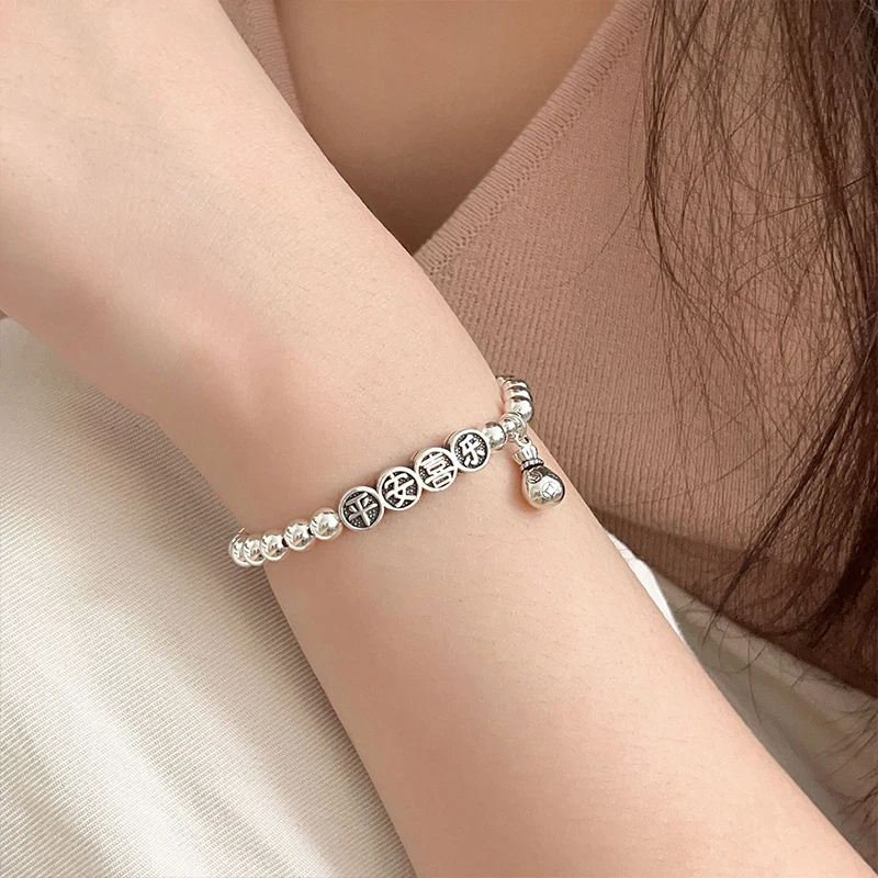 S925 Sterling Silver Ping An Joyful Bracelet for Female Minority Light Luxury Fashion Retro Ins Style Design Feel Handicraft