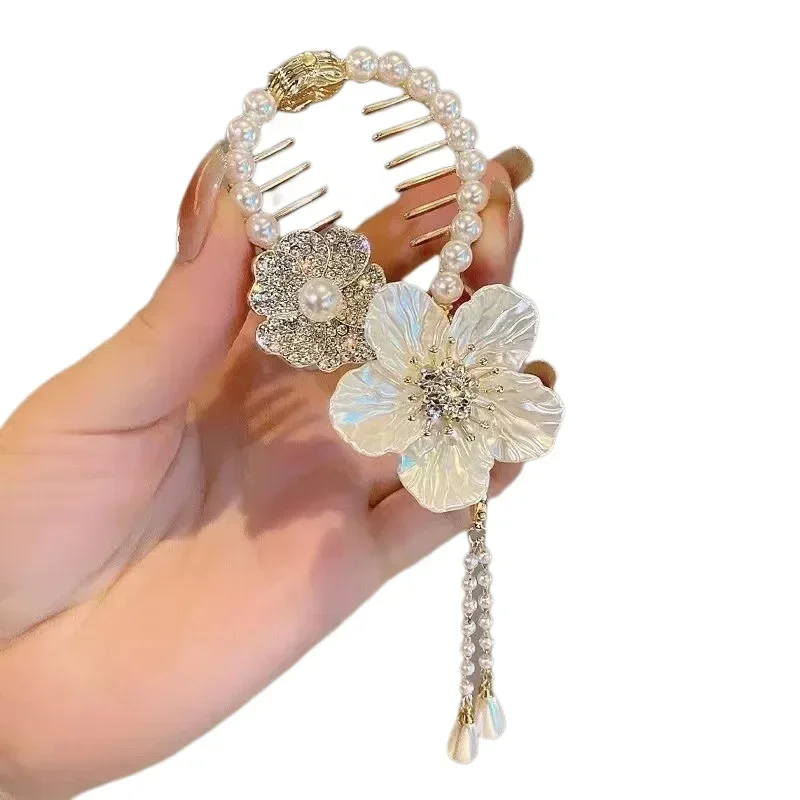 Women Hair Claw Pill Head Ponytail Buckle Pearl Rhinestone Tassel Hair Clip Headdress Elegant Hairpin Barrette Hair Accessories