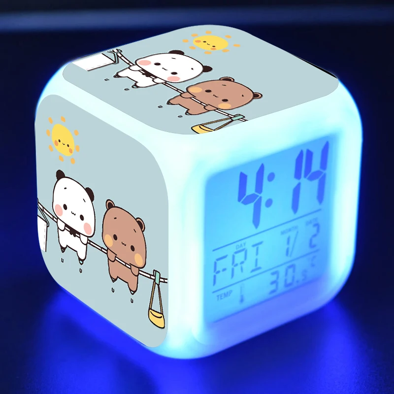 Panda Bear Bubu Dudu Alarm Clocks Kids Room 7 Color Changing Multifunction Sensing Glowing Desk Clock Child Christmas Gifts