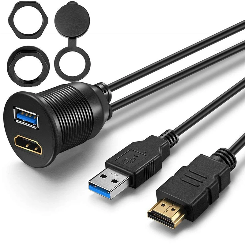 USB 3.0/2.0 And 4K HDTV Extension Data Cable Flush Mount Panel Cord For Car Yacht Boat Motorcycle Dashboard Waterproof Cord 1m