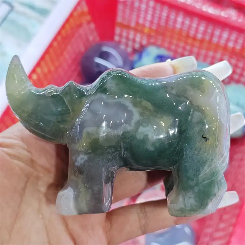 

Natural Moss Agate Rhino Carving Handmade Polished Animal Powerful Statue For Home Decoration Lucky Gift 1PCS