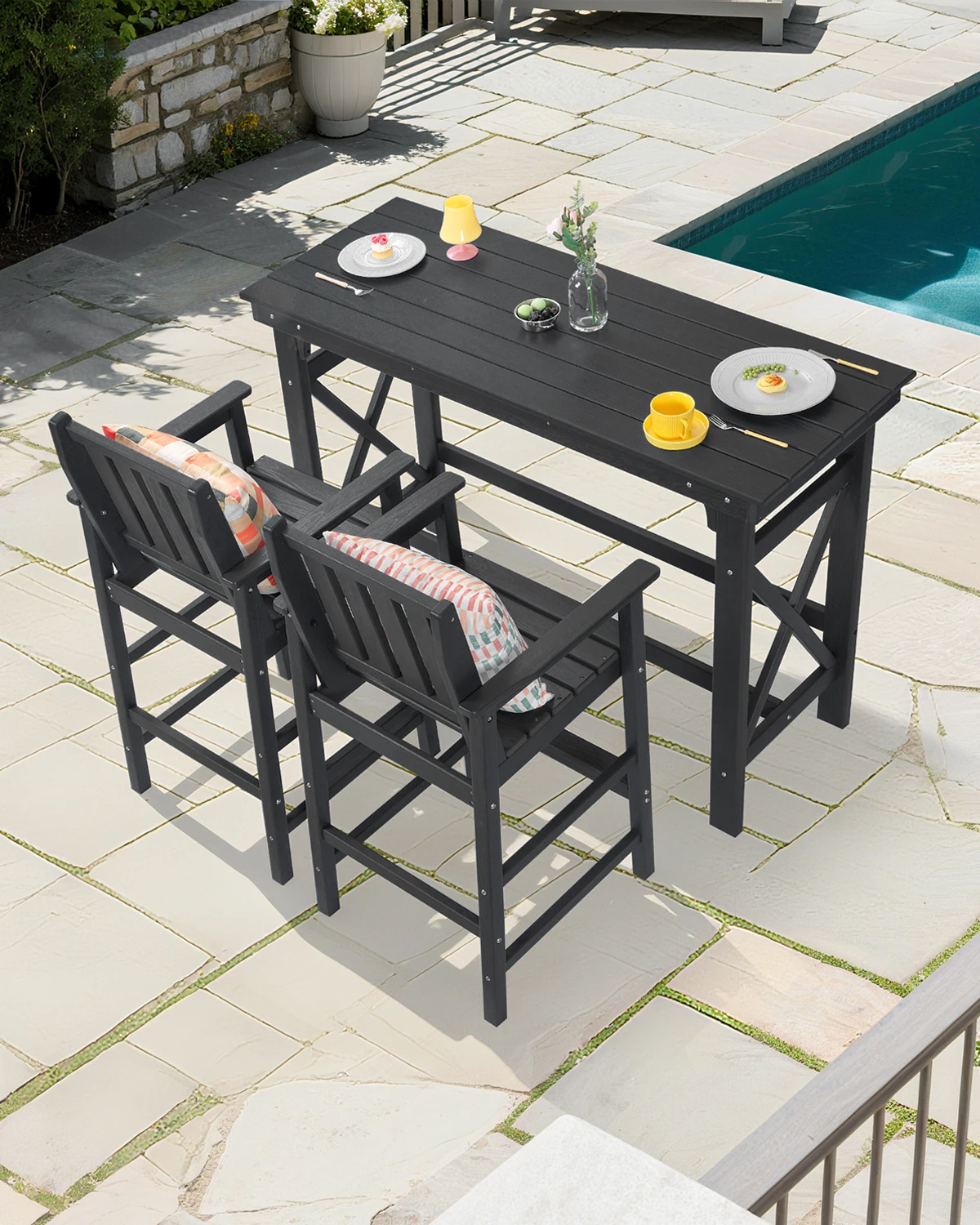 

Commercial Grade Black HDPE Bistro Set 100% Recycled UV Proof Outdoor Dining Furniture for Courtyard Hotel Backyard Comfortable