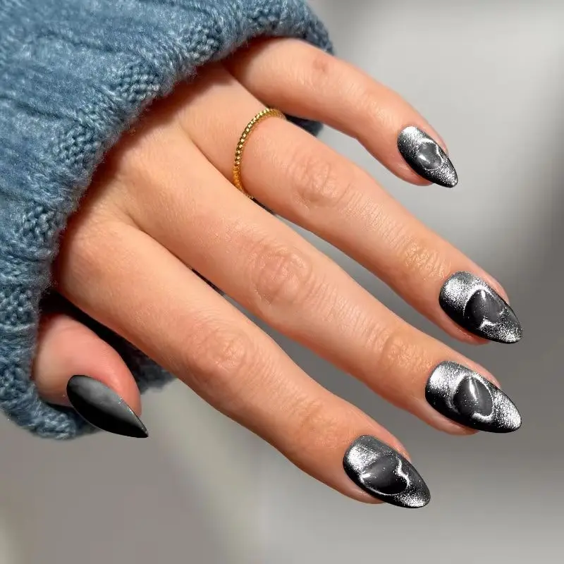 

24PCS Shiny Black Heart Cat Eye French Press on Nails Simple Pure Color Almond Fake Nails for Women Trendy Nail Tips Sweet Cool