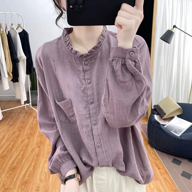 

Women's Ruffled-Collar Linen Shirt, Long-Sleeve Button-Down Blouse with Chest Pocket, Casual Loose-Fit Breathable Top