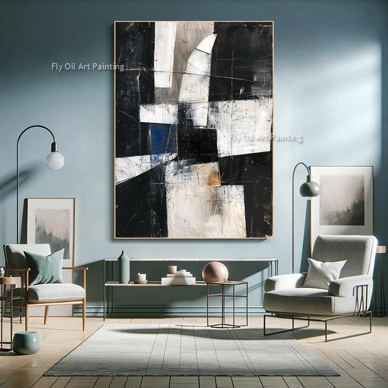 Thick Texture Hand‑Painted Abstract Wall Art, Black White Blue Geometric Oil Painting, Modern Industrial Style Canvas Home Decor