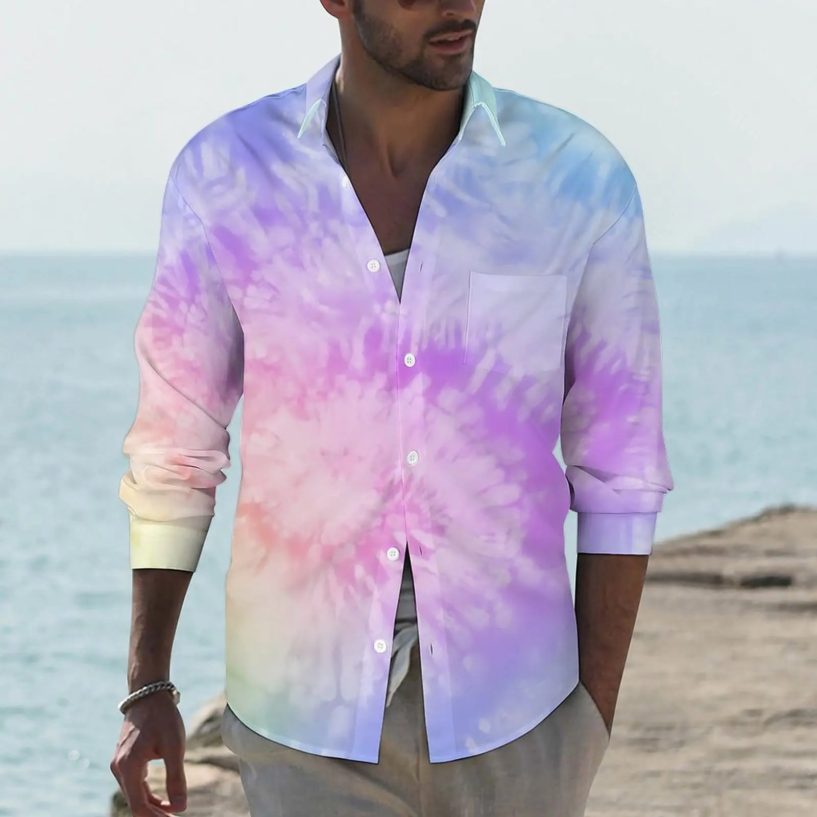 Pastel Tie Dye Shirt Spring Spiral Print Casual Shirts Men Loose Blouses Long Sleeve Graphic Harajuku Tops Big Size