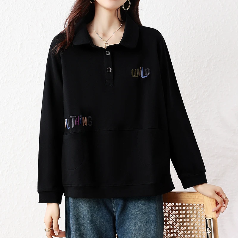 بلوزات نسائية شتوية مطرزة بحروف بلوفرات شتوية فضفاضة غير رسمية بأكمام طويلة وياقة مقلوبة وجيب علوي