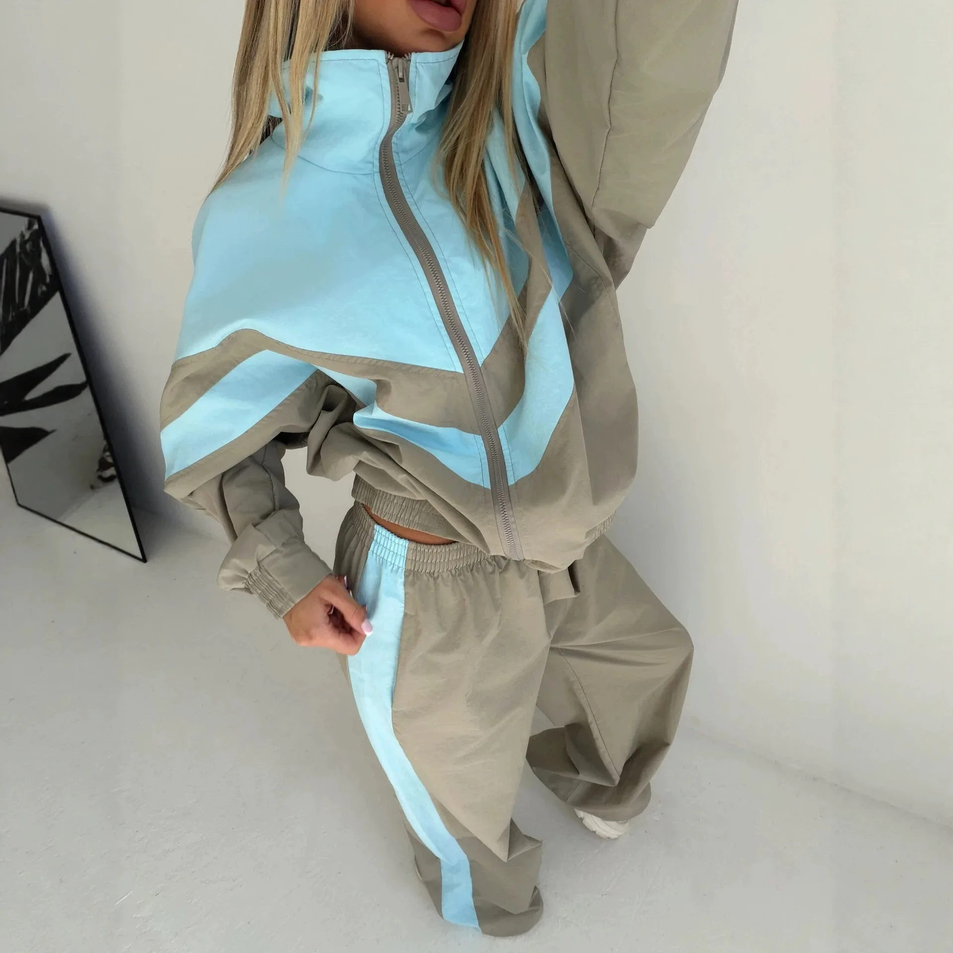 Women Casual V-shape Color-block Sport 2 Piece Set Loose Long Sleeve Jacket Side Stripe Wide-leg Pants Lady Street Commute Suits