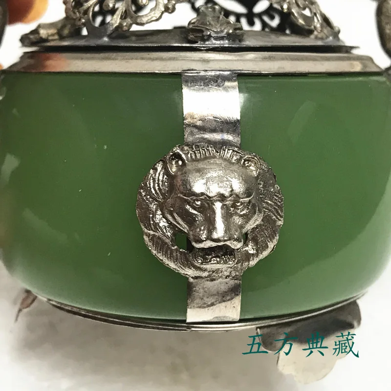 Antique cobre folheado jade aroma queimador, ágata verde decoração, orelhas de animais, leão incenso queimador, artesanato antigo e bronze