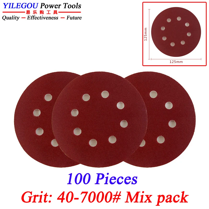 100 قطعة 125 مللي متر 8 حفرة ورقة جلخ وطحن القرص. 5 "مستدير يتدفقون ورق الصنفرة الجاف. السيارات الجافة طحن تلميع الصنفرة #4
