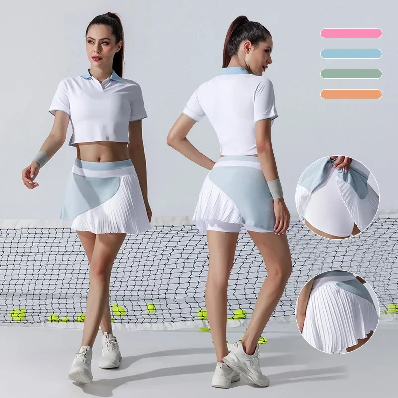 Jupe courte élastique et respirante pour femme, légère, verte, taille haute, tennis, badminton, jupe plissée, golf, t-shirt pour femme, nouveau