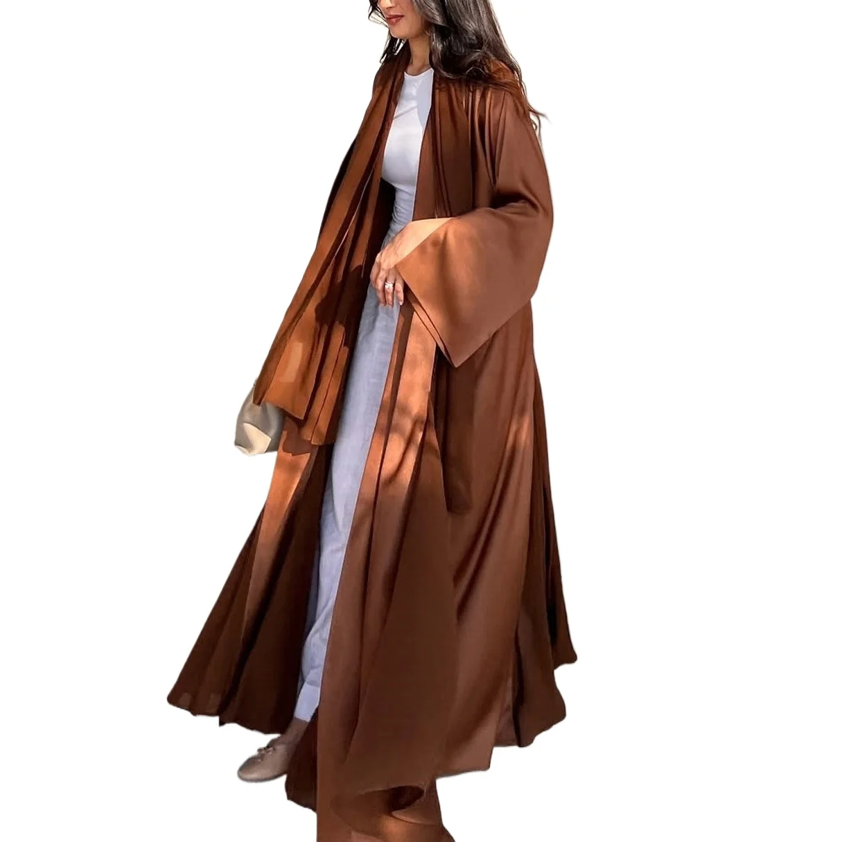 

Dubai Satin Open Front Abaya Kaftan Dress With Belt Modest Muslim Kimono Cardigan Robe Solid Color Eid Outfit Plus Size Maxi Fit