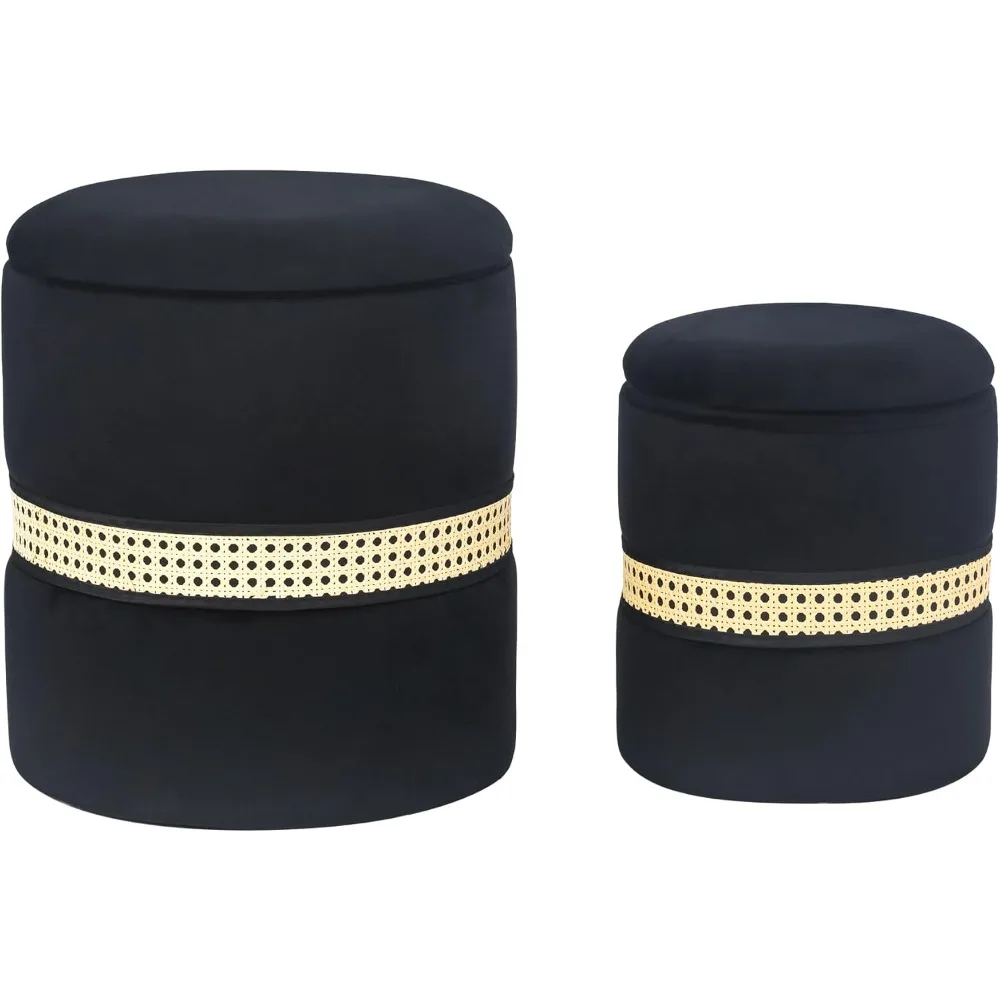 

Round Velvet Storage Ottoman Set of 2 - Upholstered Footrest Stool Side Table Seat with Woven Band for Living Room Bedroom