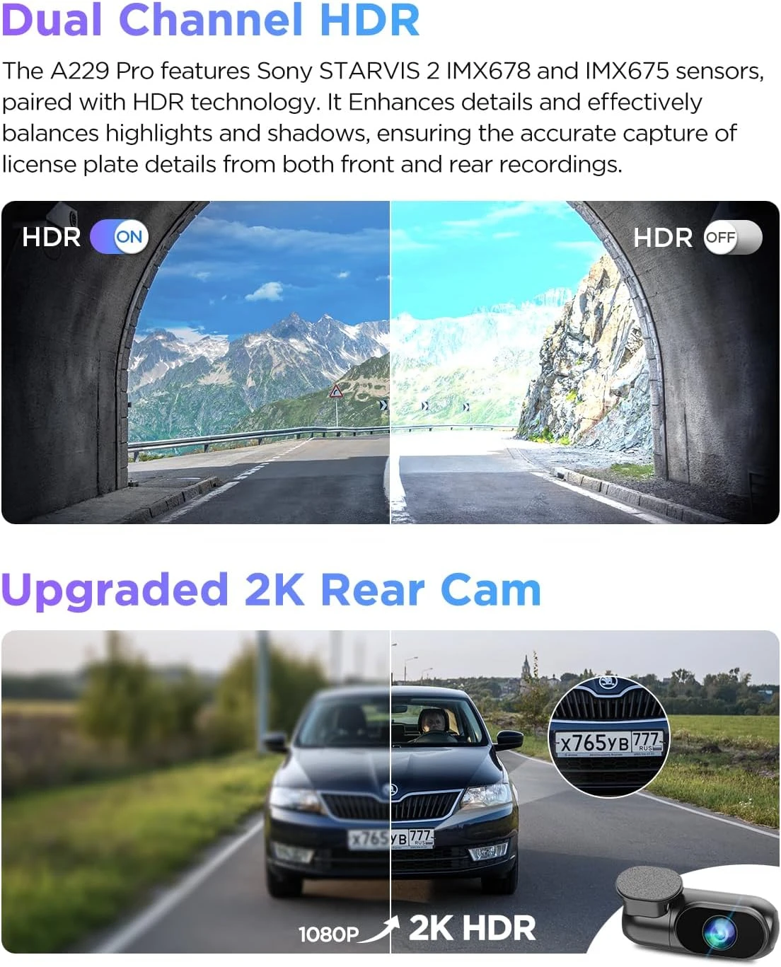 A229 Pro 4K HDR Dash Cam, Dual STARVIS 2 IMX678 IMX675, 4K+2K Front and Rear Car Camera, 2 Channel with HDR, Voice Control