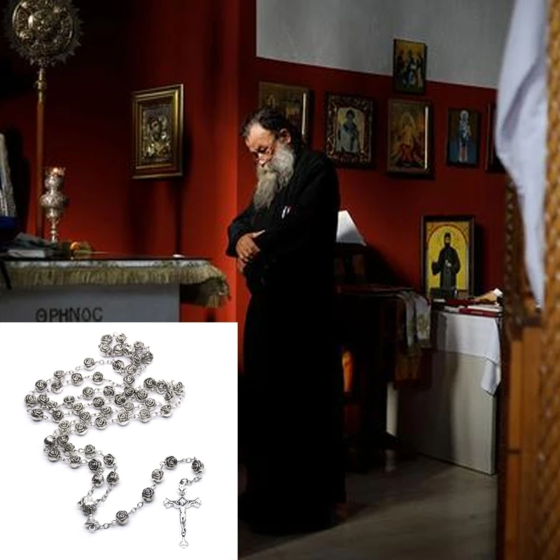 Catholic Rose Rosary Necklace Pendant Beaded Necklaces Religious Jewelry