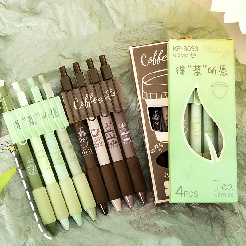 4Pcs/set Green Coffee Series 0.5MM Gel Pen For Students Soft Touch Writing Pen Black Refill Stationery Office School Supplies