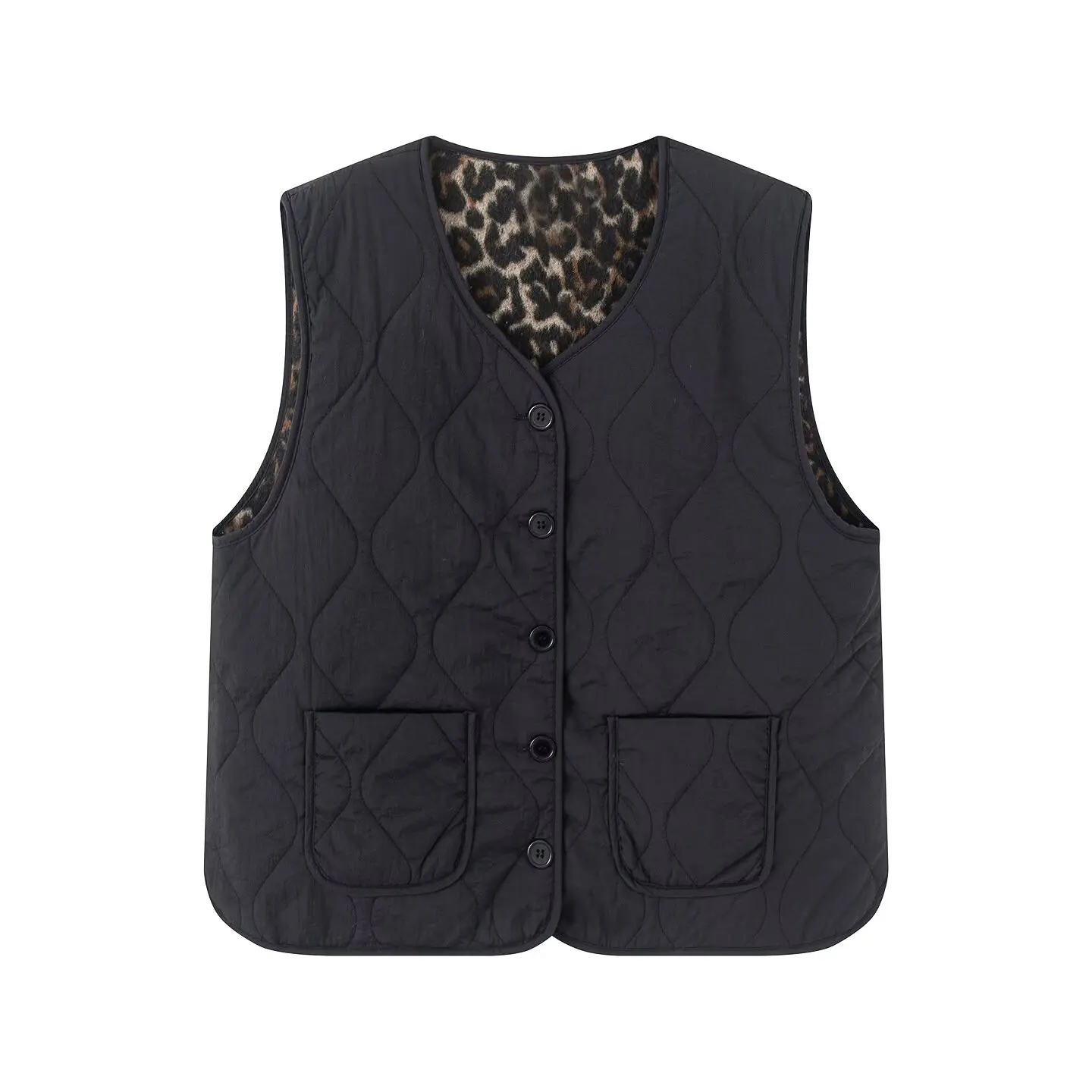 JNLEAOG Jesienna Nowa Modna Damska Dwustronna Kamizelka z Mieszanki Wełny i Bawełny w Leopardzi Wzór, Do Pracy, Okrągły Dekolt