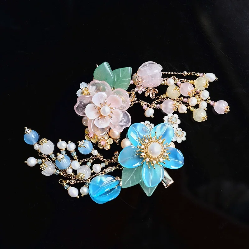 

Vintage Original Handmade Flowers Beading Jade Headband Pin Natural Stones Delicate Hanfu Accessories Hair Jewelry All-Match