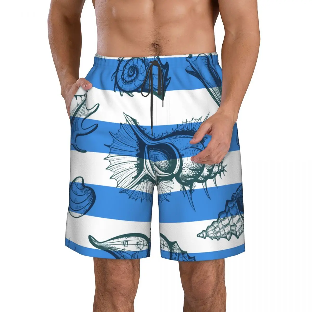 Man Swimwear Vintage Seashell Spiky Sketch With Stripes Pattern Swim Shorts Trunks Beach Board Shorts Mens Swimming Swimsuits