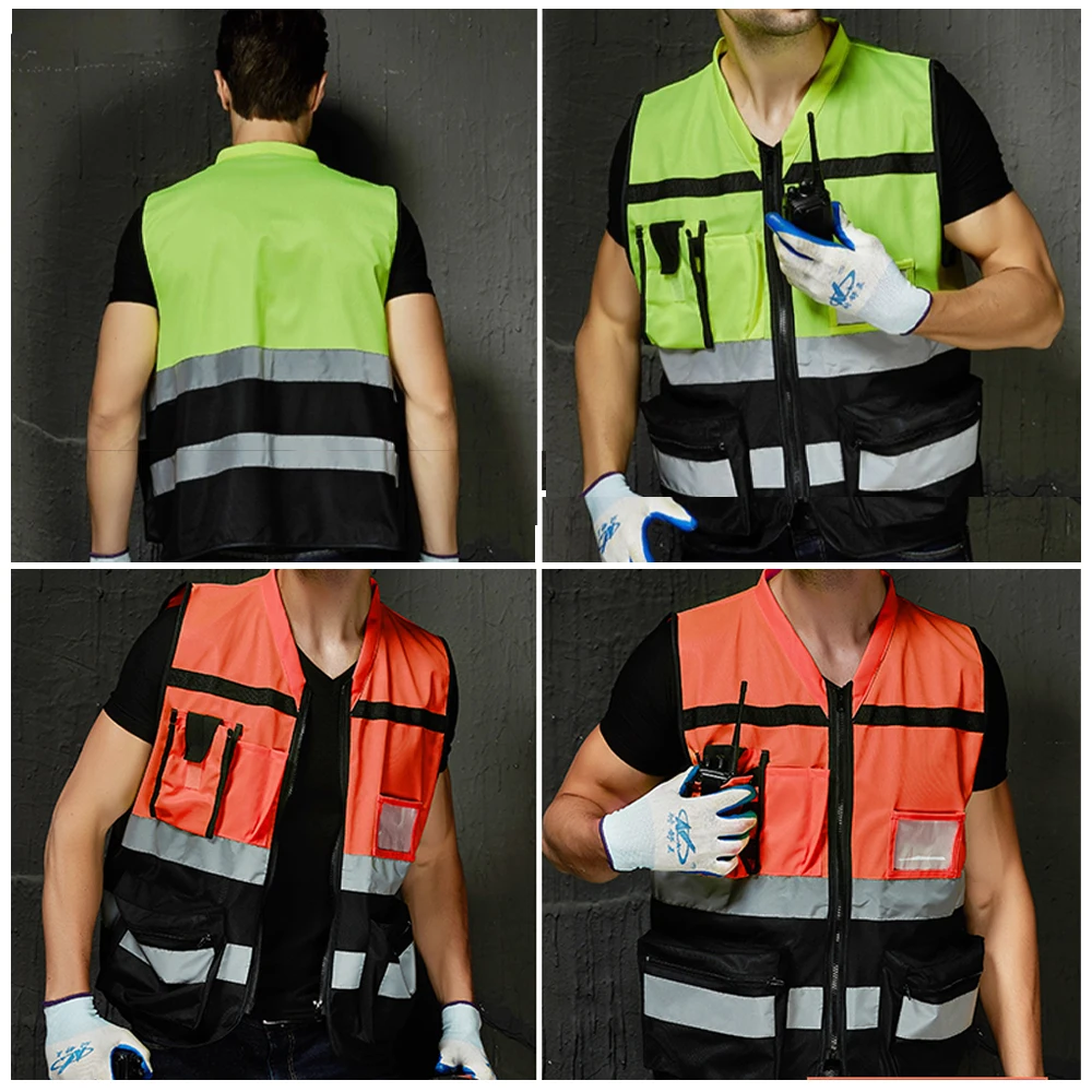 Refective Safety Vest High Visibility Man Working Clothes Two Tone Multi Pocket Outdoor Industrial Safety Jacket Hi Vis Workwear