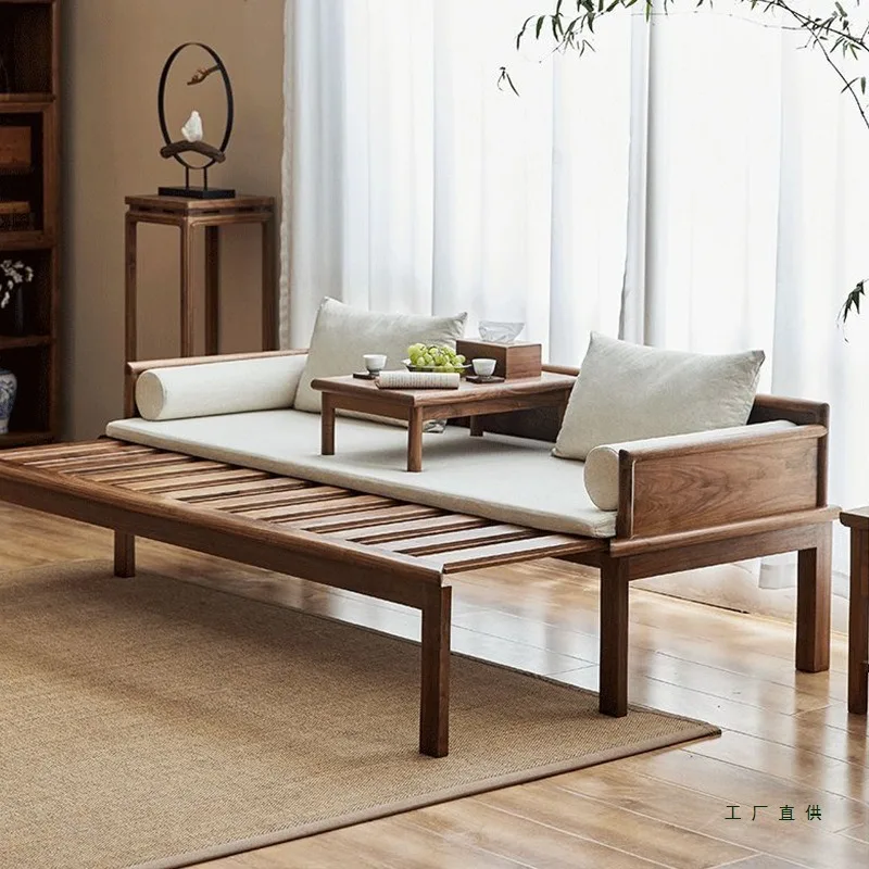 Walnut sofa bed, Zen solid wood push-pull retractable arhat couch
