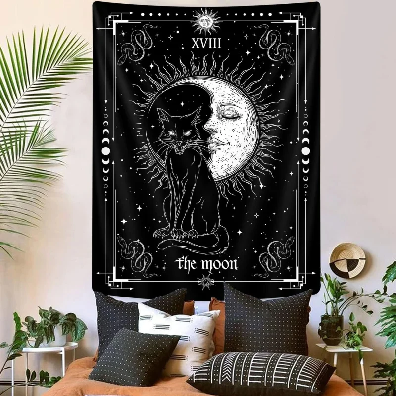 VIKAMA Tarot The Moon Cat Tapestry Black Gothic Celestial Witchy Wall Hanging Aesthetic Decor for Bedroom