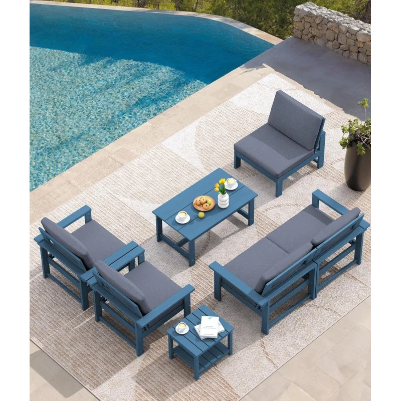 

-Piece Outdoor Sectional Patio Furniture Set, All-Weather Couch Deck Lawn, Blue Frame with Cushion