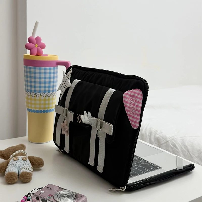 New Bow Computer Storage Bag Lace Decoration Inner Layer Fixed Shock Absorption Computer Sundries Storage Bag