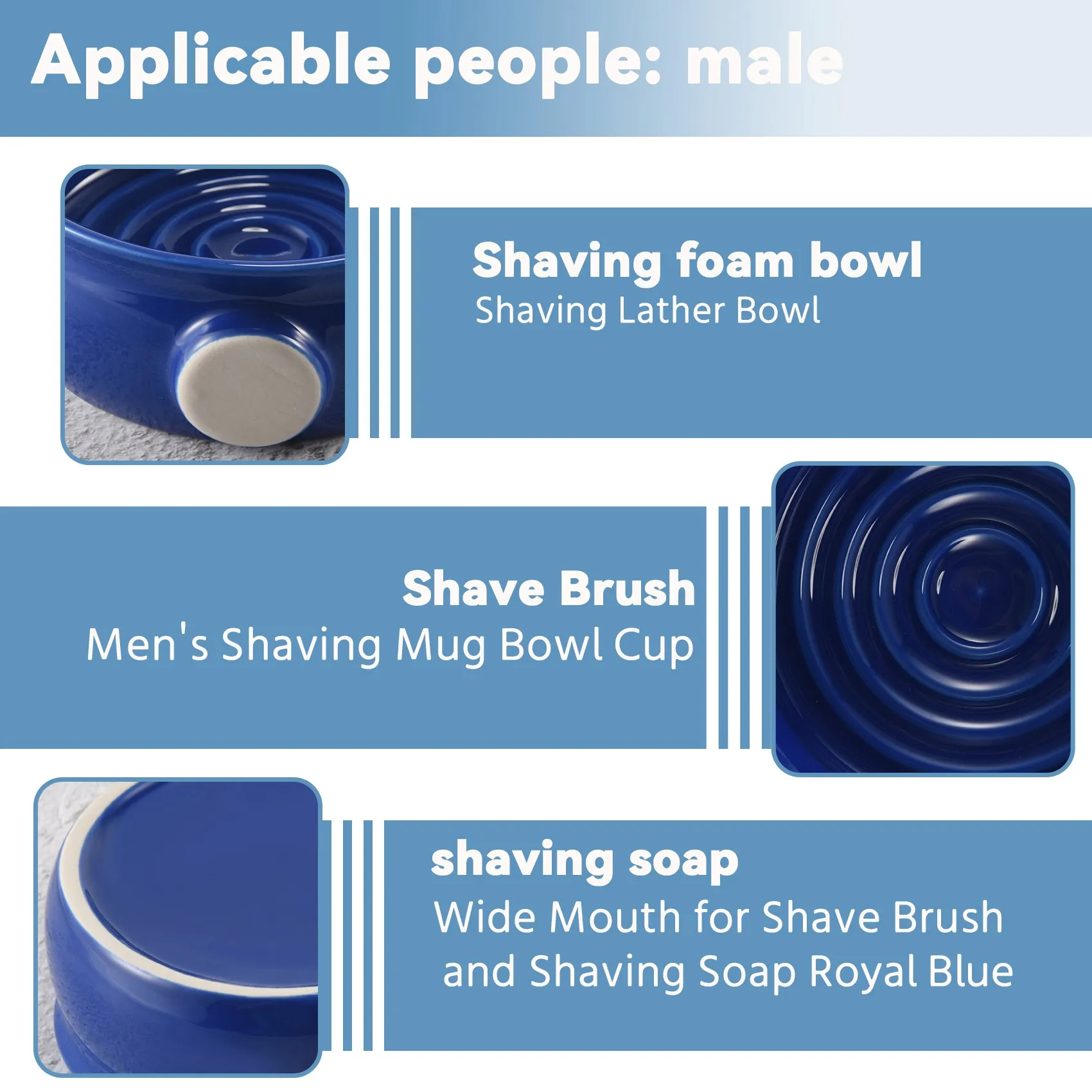 AT17 Mug Cukur Pria Keramik Mangkuk Cangkir Benang Bawah Mulut Lebar untuk Sikat Cukur dan Sabun Cukur Royal Blue