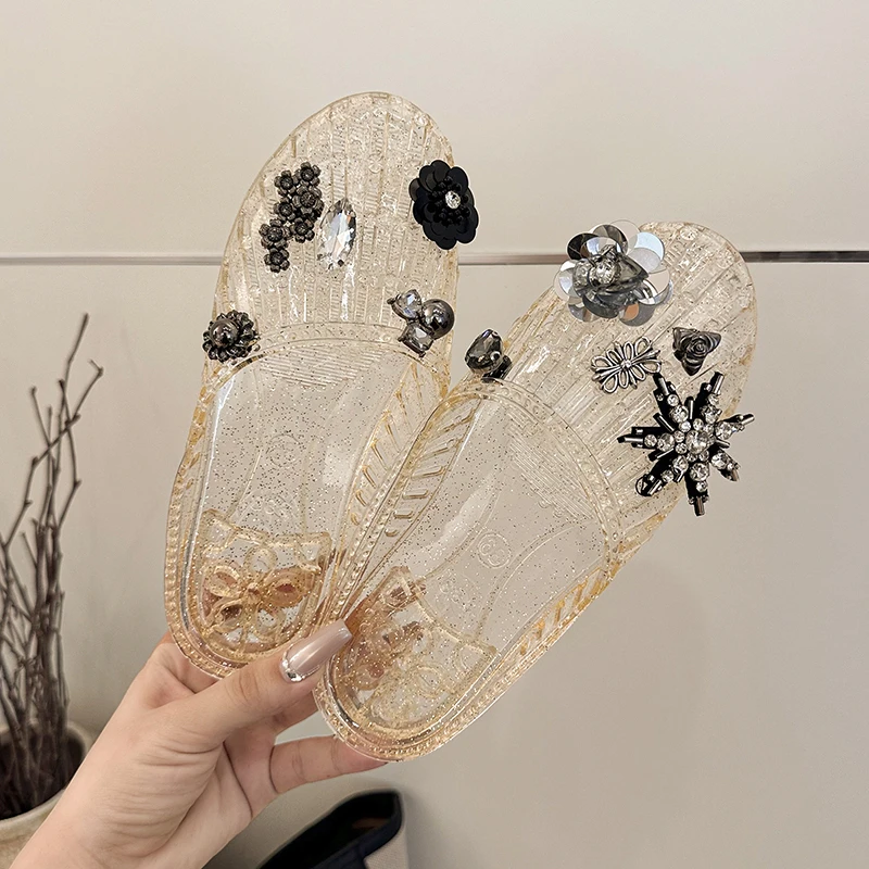 2026New Women's Slide Sandals Transparent Pearl Flower HomeSlippers OutdoorPhoto-Ready Popular Slippers Summer Sandals for Women