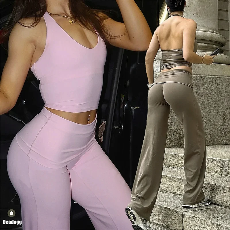 Fold Over Straight leg Bottoms Yoga Pants Gym Workout Flare Leggings Women Fitness Female Push Up Sports Tights ActiveWear XP378