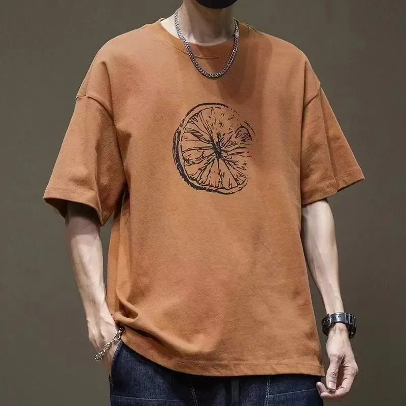 Men's Japanese Style Cotton T-Shirt Lemon Slice Print Loose Casual Short Sleeve Tee
