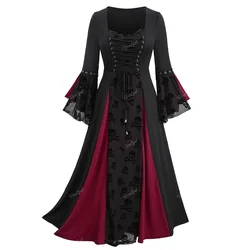 ROSEGAL Plus Size Women's Dress Fall Winter Grommets Lace-up Flocking Mesh Ruffles Patchwork Flare Sleeve Casual Dresses Vestido