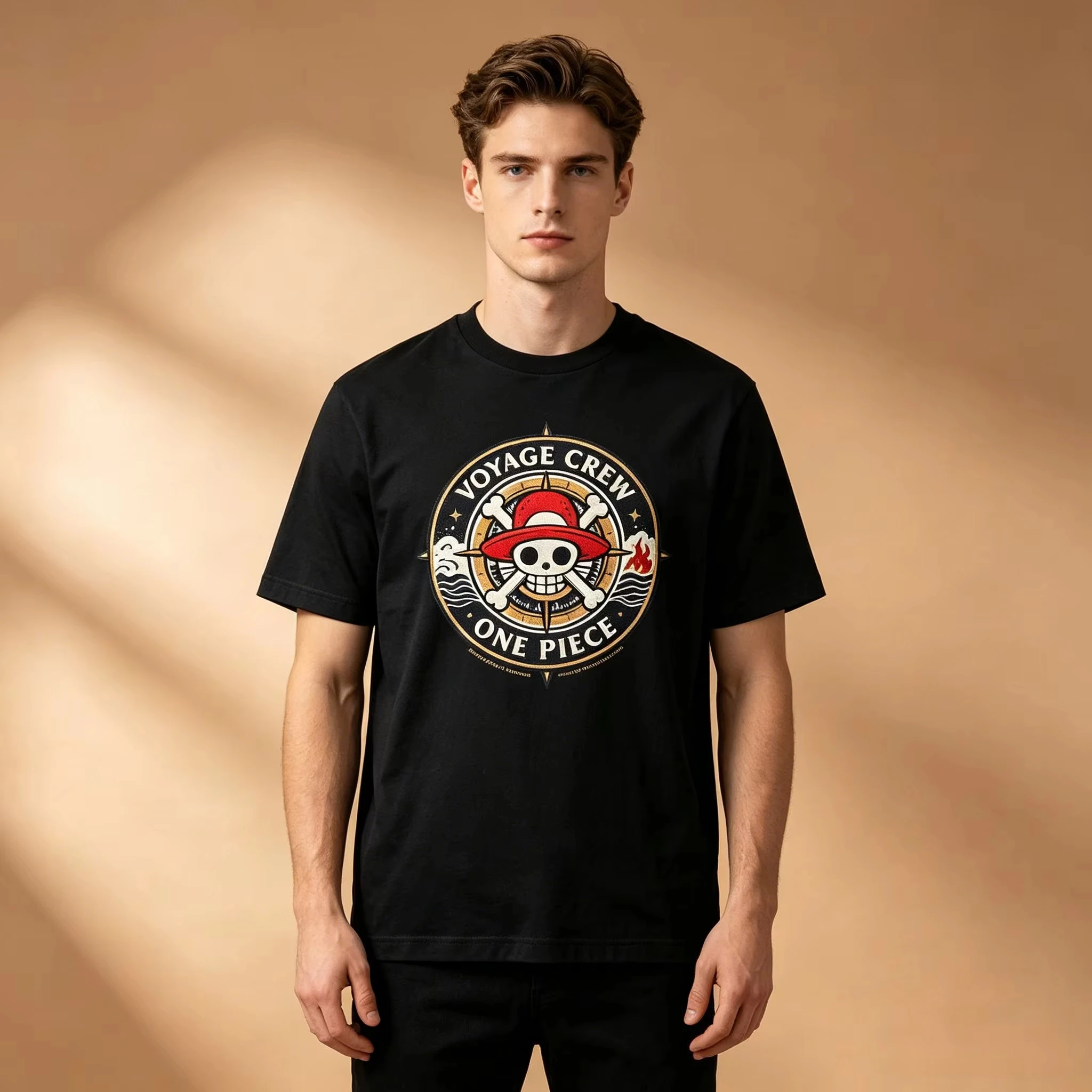 Men's Anime Graphic T-Shirt Solid Black One Piece Straw Hat Pirate Compass Skull Logo Print Soft Breathable Otaku Daily Short S