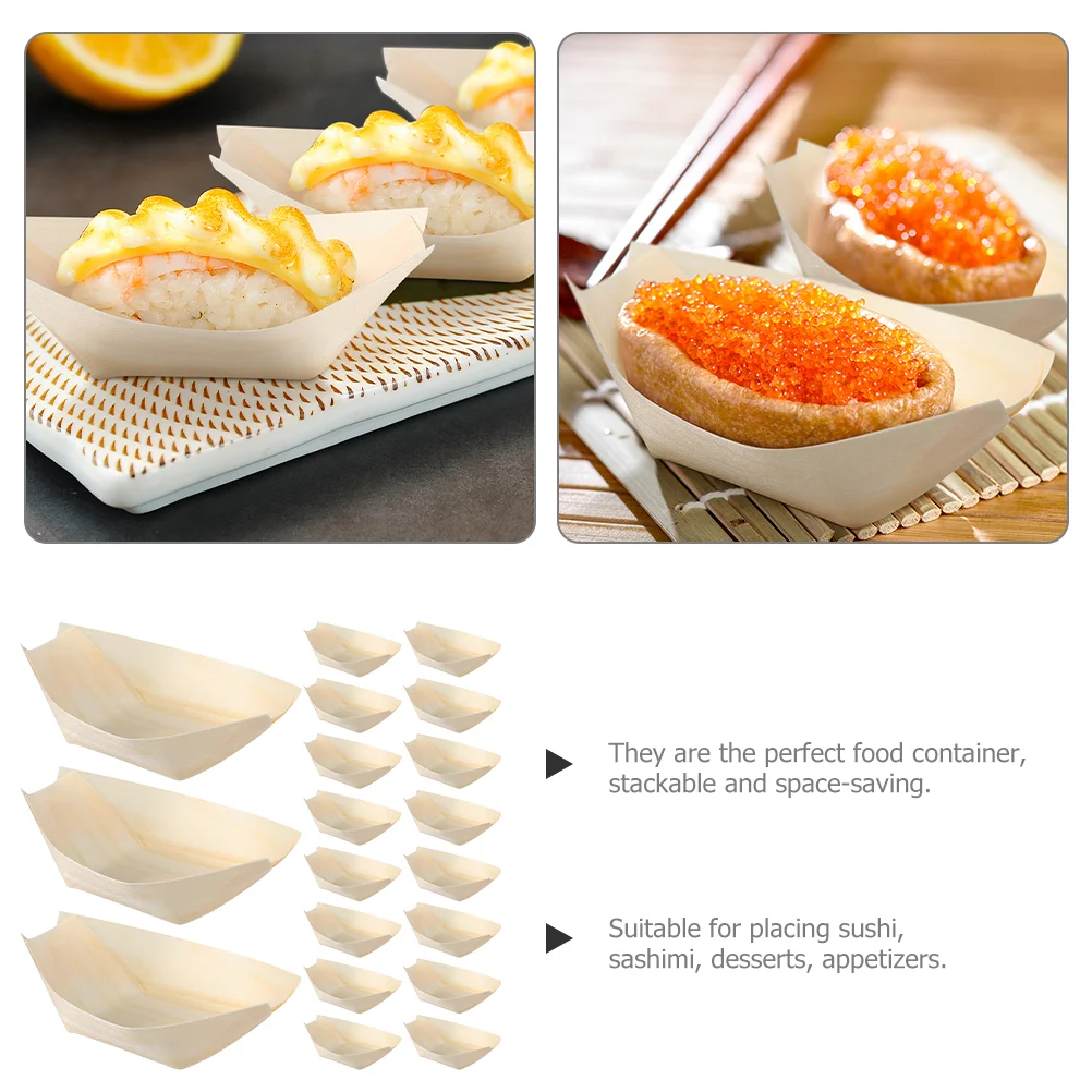 200 Pcs Sushi Disposable Wooden Boat Dish Fast Food Serving Tray Containers Charcuterie Cones