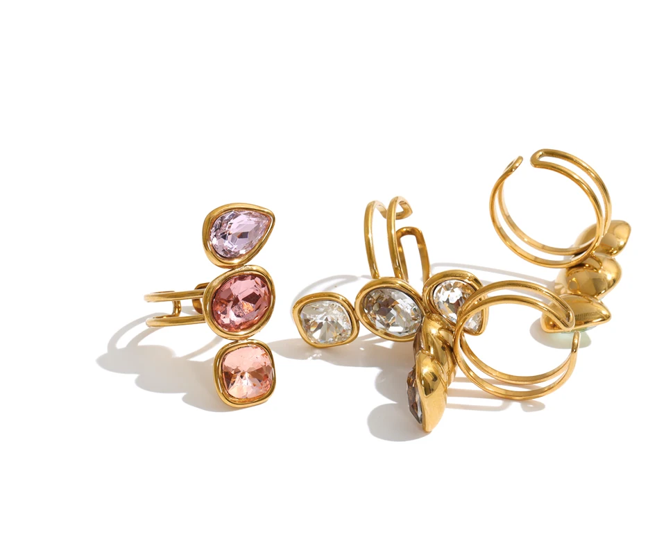 Yhpup Mehrfarbiger Edelstahl-Tropfenring mit quadratischem Kristall, offener, verstellbarer Ring, trendiger goldener Fingerschmuck. – Detail 2