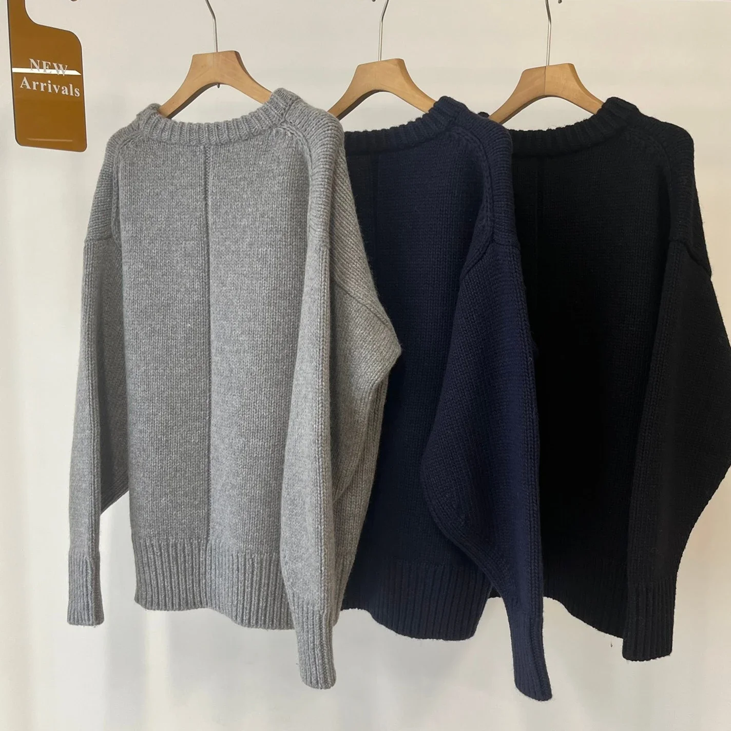 Simple Thick Crew Neck Pullover Custom-dyed Double Layered Collar Grey Navy Wool Cashmere Blend Knit Sweater for Women