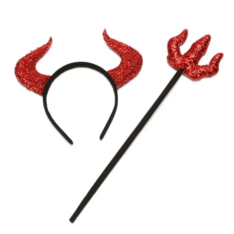 New 2pcs Halloween Red Devil Costume Kit Devil Horn Headband Red Devil Pitchfork Accessories for Boys Girls Halloween Party Prop